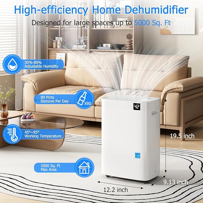 Ludatido 2026 Energy Star 4500 Sq.Ft 75 Pint Dehumidifier for Basements with Large 1.32 Gal Tank,Portable Smart Compressor Dehumidifier for Home