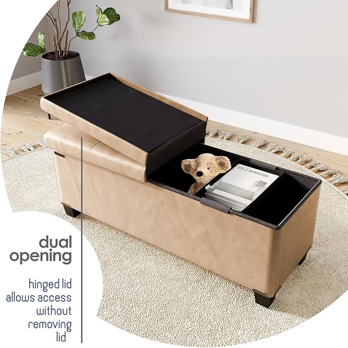 Storage Ottoman Bench with Bins, 43-in Storage Bench for Bedroom End of Bed, Folding Foot Rest Ottoman for Living Room Max 660lbs, Leather Ottomans, Taupe