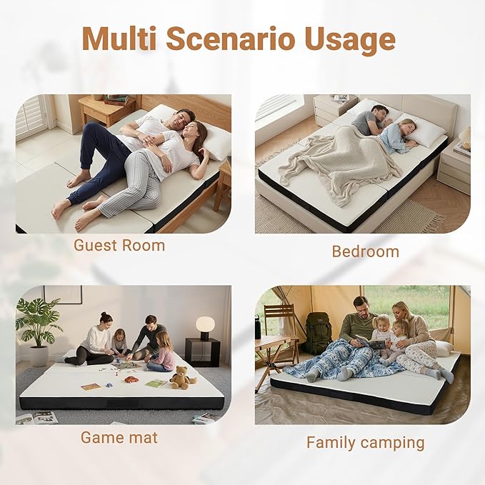 Foldable Mattress Full, Memory Foam Tri Fold Mattress with Removable Washable Cover, 4 inch Folding Mattresses Floor Bed Sleeping Pad for Guest, RV, Travel, Camping, White, 73"x52"x4"