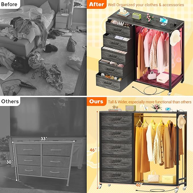 Cyclysio Dresser with Hanging Rack, 5 Fabric Drawers Dresser with Clothes Rack, Wooden Top Storage Chest of Drawers with Charging Station & LED Lights, Lockable Wheels
