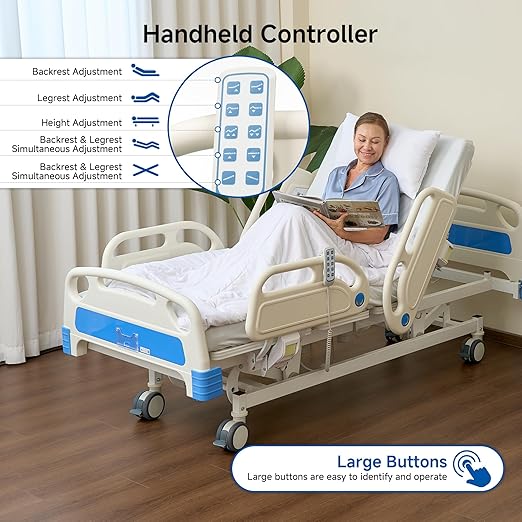 Real Relax 5 Function Full Electric Hospital Bed, Premium Hospital Bed, 4" Foam Mattress, 5" Locking Casters, IV Pole, for Home Use, Hospital ICU Bed, 530LBS Load Bearing, Includes Sheets (2X)