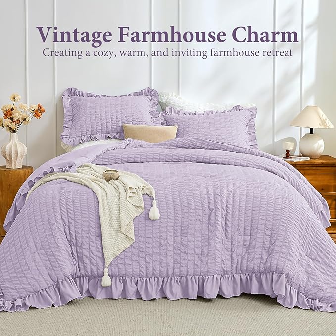 JOLLYVOGUE Lavender Comforter Full Size, 3 Pieces Seersucker Lightweight Full Size Bedding, All Season Fluffy Microfiber Bedding Comforter Set with 1 Ruffle Comforter and 2 Ruffle Pillowshams