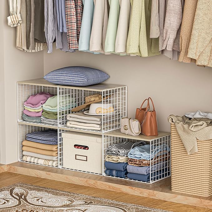 Extra-Long Closet Organizers and Storage with Top Board, 3 Pack Stackable Closet Shelf Organizer, Double Storage Design, Clothes Storage Cube/Bin/Basket for Wardrobe, Space-Saving, White,Sturdy,Metal
