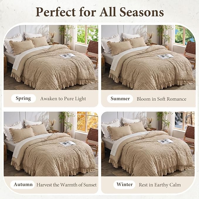 JOLLYVOGUE Queen Comforter Set, 3 Pieces Khaki Seersucker Comforters Queen Size, Lightweight & Fluffy Bedding Sets for All Season with 1 Ruffle Comforter and 2 Ruffle Pillowshams
