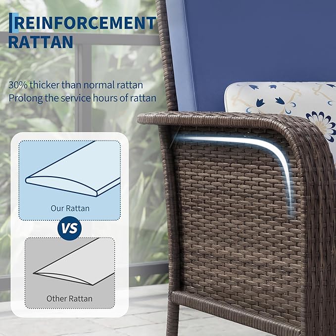 GarveeHome Outdoor Wicker Chairs Set of 2, All-Weather High Back Rattan Patio Furniture, 2-Piece Conversation Set with Comfy Cushions for Porch, Deck, Brown, Blue Cushion