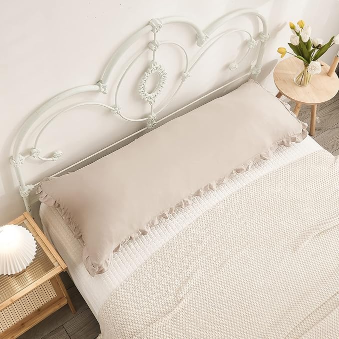 Taupe Body Pillow Cover 20x54inches Long Pillowcase Ruffled Pillowcases Shabby Chic Ruffled Fringe Decor Body Ruffled Pillow Sham Cute Pillowcase (1 Body, Taupe)