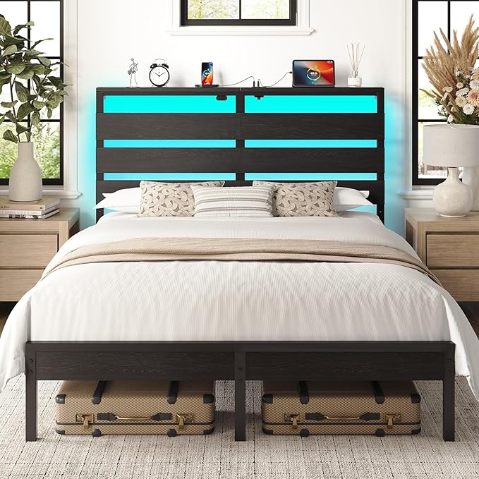 Rolanstar Queen Bed Frame with LED Lights and Charging Station, Wood Storage Headboard and Under Bed Storage, Metal Platform, Noise Free, No Box Spring Needed, Balck Oak