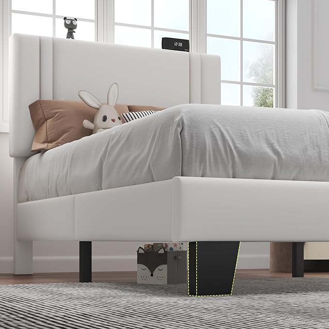 Feonase Twin Platform Bed Frame, Velvet Upholstered Twin Bed Frame, Solid Wood Slats & Heavy Duty Feet Support, No Box Spring Needed, Noise-Free, Easy Assembly, White