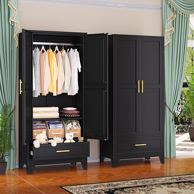 GAIOUS Steel Armoire Wardrobe Closet, 71" Household Wardrobe Cabinet with 2 Doors, 1 Adjustable Shelf and 1 Drawers, Metal Clothing Storage Cabinet with Hanging Rod for Bedroom, Cloak Room,Gym(Black)