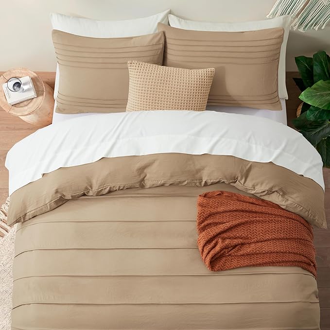 Oli Anderson Khaki Duvet Cover Queen Size - Pleated Queen Duvet Cover, 3PCS Soft and Breathable Textured Bedding Set with Zipper Closure(Khaki,90"x90")