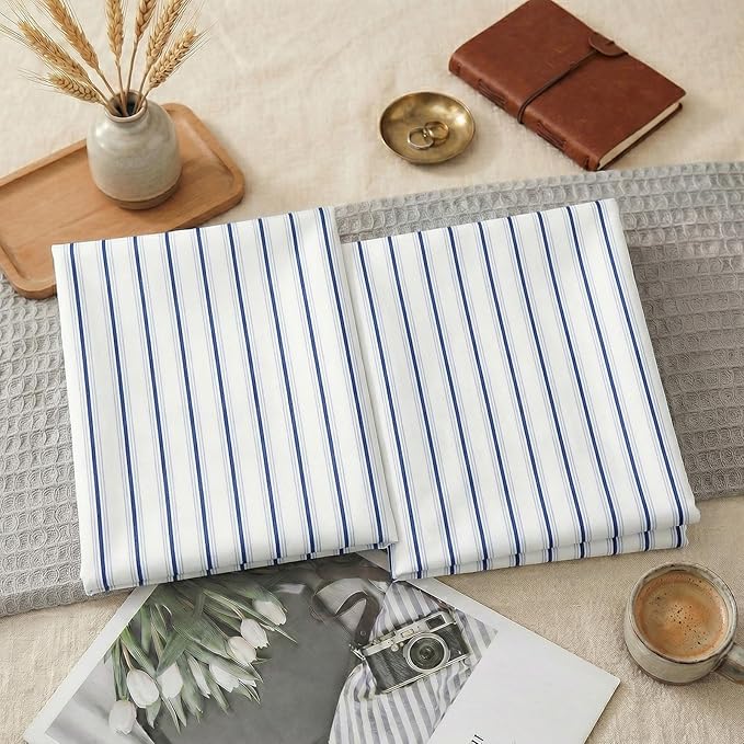 Merryword Queen Size Pillowcases, 100% Cotton Pillow Cases, Blue and White Striped Pillowcases, Luxury Linen Like Pillowcase, Soft Breathable Wide Stripes Pillow Covers, Set of 2