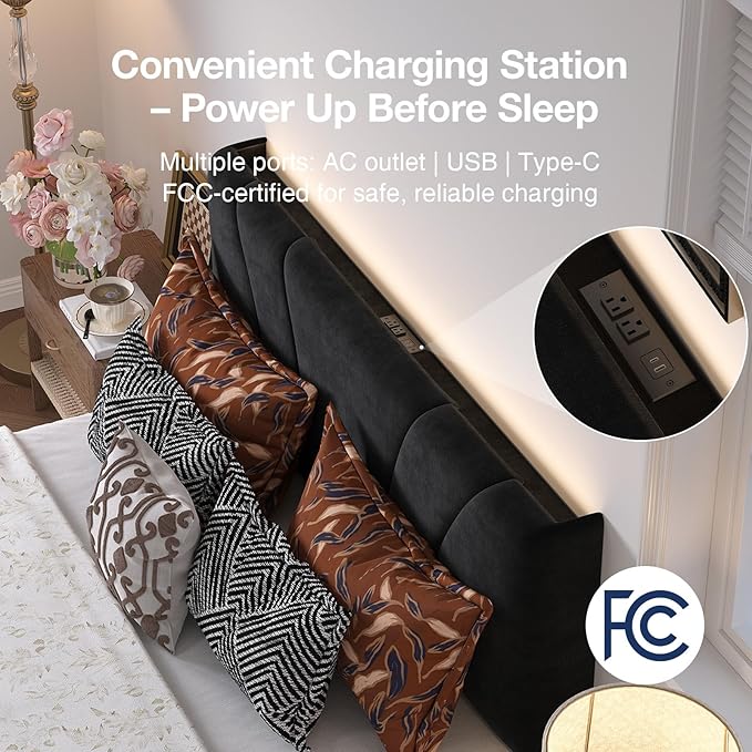 Novilla Full Size Bed Frame with Headboard, Full Size Bed Frame with Drawers, Full Bed Frame with LED Lights, Charging Station and Adjustable Headboard, No Box Spring Needed, Black Velvet
