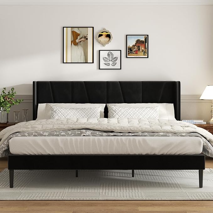 Sismplly King Bed Frame with Headboard, Velvet Upholstered King Size Platform Bed with Wingback, Mattress Foundation with Wooden Slat Support, No Box Spring Needed, Easy Assembly, Noise Free, Black