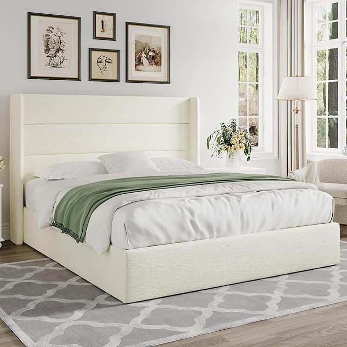 Allewie Full Size Lift Up Storage Bed, Chenille Fabric Upholstered, Modern Wingback Headboard, Hydraulic Support, No Box Spring Needed, Cream White