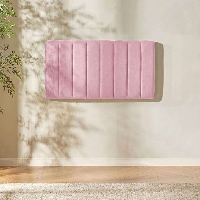 Hearth & Harbor Upholstered Twin Headboard - Easy Assemble Channel Stitched Headboard Twin Size - Wall Mounted Headboards with 3D Soundproof Wall Panels Peel & Stick Floating Headboards, Pink