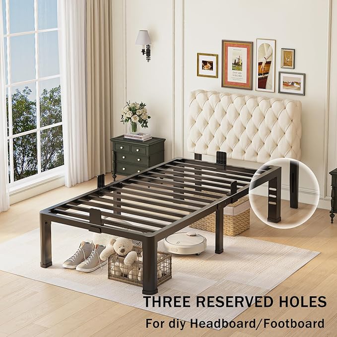 Yitong Angel 14 inch Twin Bed Frame with Rounded Corner Legs and Headboard Hole Mattress Slide Stopper 3500 LBS Heavy Duty Support Metal Platform,No Box Spring Needed, Noise Free, Easy Assembly