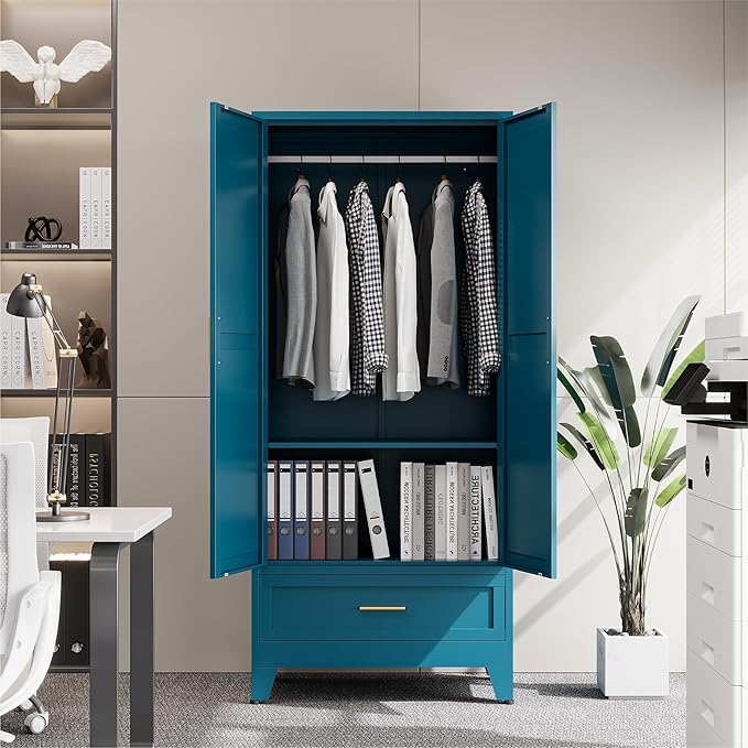 COFaR Metal Wardrobe Closet, 71" Armoire Cabinet with Drawer & Hanging Rod, Freestanding 2-Door Clothing Storage with Adjustable Shelf, Elegant Bedroom Organizer (Peacock Blue)