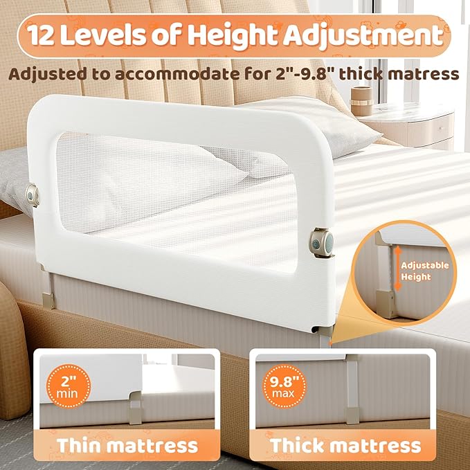 omzer Bed Guard Rail for Toddlers - 47inch Foldable & Adjustable Height Baby Bed Safety Side Rails - Large Toddler Crib Railing Guard for Twin, Bunk, Full Size, Queen & King, Full Size Bed