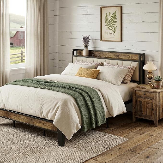 LIKIMIO California King Bed Frame, Storage Headboard with Charging Station, Solid and Stable, Noise Free, No Box Spring Needed, Easy Assembly (Walnut and Beige)