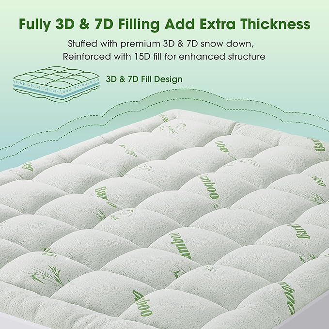 Mattress Pad Full Size, Cooling Pillow Top Mattress Topper, Ultra Soft Viscose Made from Bamboo, Breathable for Hot Sleepers, Deep Pocket 8"-20", Green