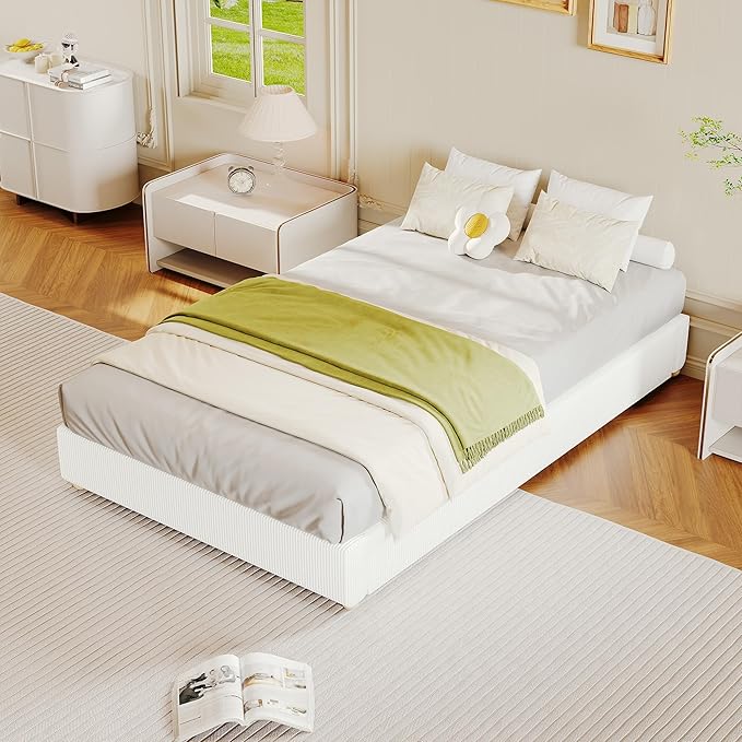 GarveeHome Twin Size Cloud Bed Frame，Corduroy Low Bed Frame Without Headboard, Thick Fabric Upholstered Platform Bed, Solid Wood Legs, No Box Spring Needed, Never Squeak, Easy Assembly, White
