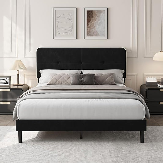 Garvee Full Bed Frame, Velvet Upholstered Platform Bed Frames with Adjustable Headboard, No Box Spring Needed, Anti-Noise EVA Sponge, Sturdy Metal Support, Easy Assembly, Black & White Trim