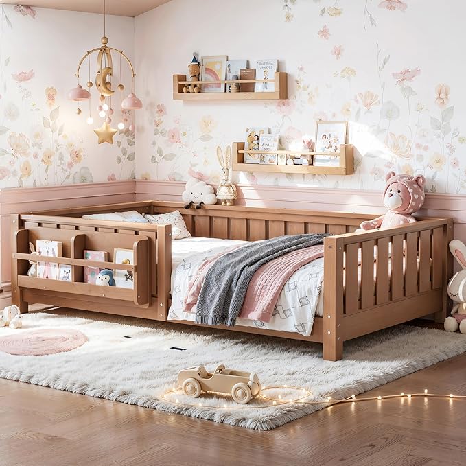 Bellemave Twin Size Kids Montessori Bed with Bookshelf,Solid Wood Twin Floor Bed Frame with Fence and Slats for Girls Boys,Low-Profile,Dark Natural