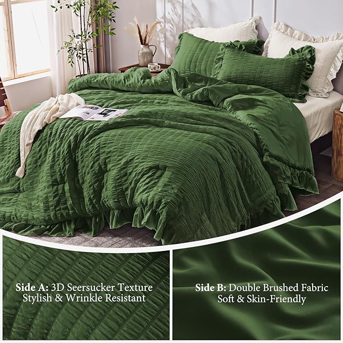 JOLLYVOGUE Dark Green Twin Size Comforter Set, 2 Pieces Seersucker Lightweight Fluffy Bedding Set, Twin Ruffle Comforter, All Season Soft Microfiber Shabby Chic Bed Set