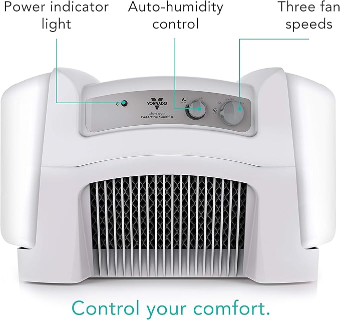 Vornado Evap40 Evaporative Humidifier with Adjustable Humidistat, 4-Gallon Capacity for Large Room Coverage up to 1,000 sq ft, 3 Speed Settings, Easy to Clean Dual Tank