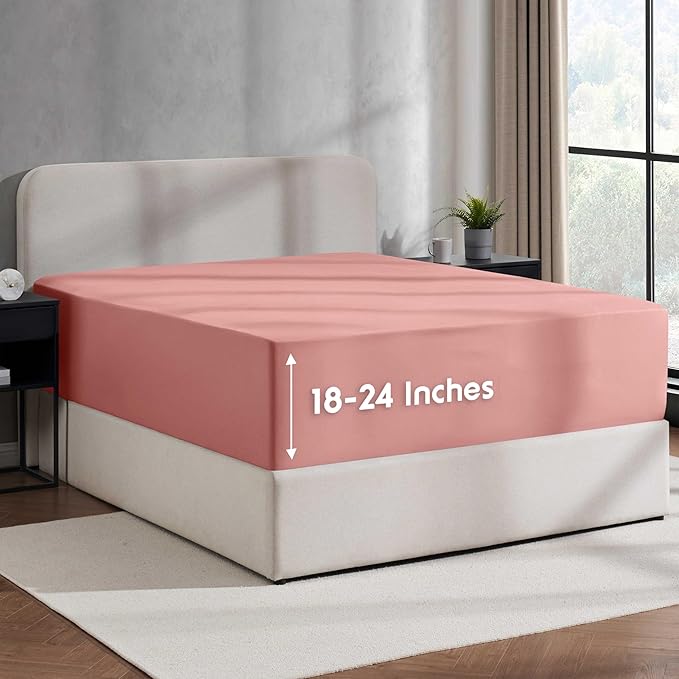 Nestl 4 Pack Pink Clay Fitted Sheet Extra Deep Pocket, Hotel Luxury Cal King Fitted Sheet Only Easily Fits 18 to 24 Inch Mattress, Super Soft, Wrinkle-Free and Breathable with Corner Straps