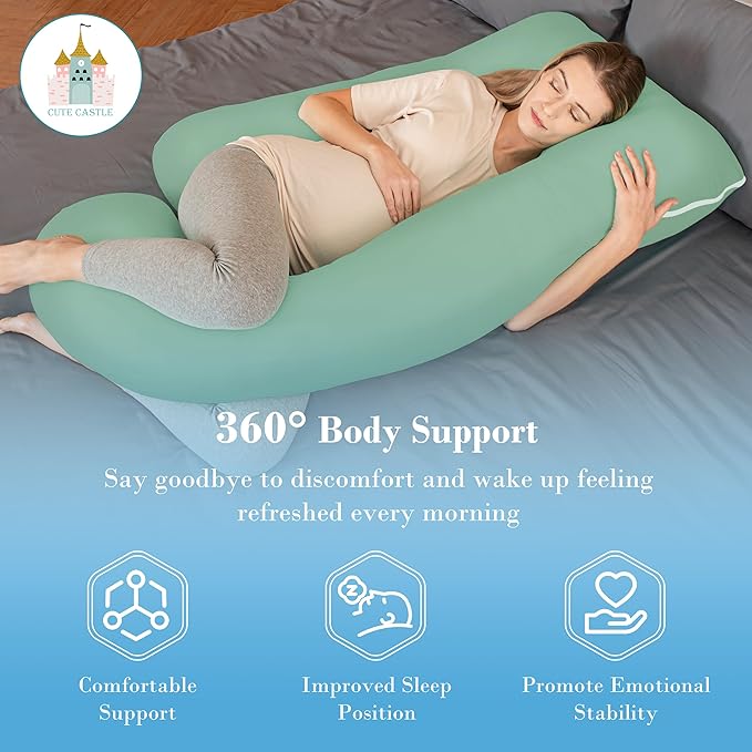 Cute Castle Cooling Cover Pregnancy Pillows, Soft U-Shape Maternity Pillow with Removable Cover - Full Body Pillows for Adults Sleeping - Pregnancy Must Haves - Jumbo 57 Inch - Green