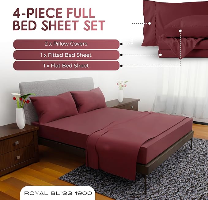 Full Size Bed Sheets – 4Pcs Bed Sheets Full Size Set, Deep Pocket, Double Brushed Microfiber, Fade Resistant, Soft & Breathable for Cozy and Comfortable Sleep(Burgundy)