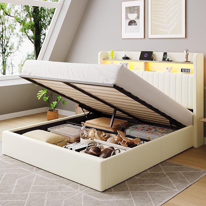 SHA CERLIN Queen Size Lift Up Storage Bed Frame/LED Lights/Charging Station/2-Tier Shelves Headboard/USB,Type-C Ports/Velvet Upholstered/Hydraulic Support/No Box Spring Needed/Noise Free/Cream