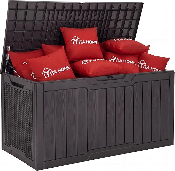 YITAHOME 100 Gallon Large Outdoor Deck Box, Waterproof Resin Storage Box, Lockable Indoor Outdoor Storage Container for Patio Furniture Cushions, Pool Accessories, Garden Tools, Dark Brown