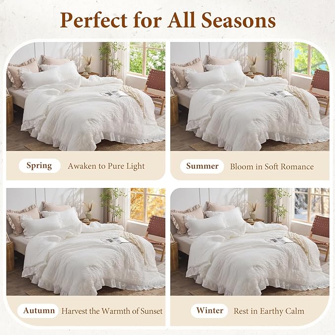 JOLLYVOGUE White Twin Size Comforter Set, 2 Pieces Seersucker Lightweight Fluffy Bedding Set, Twin Ruffle Comforter, All Season Soft Microfiber Shabby Chic Bed Set