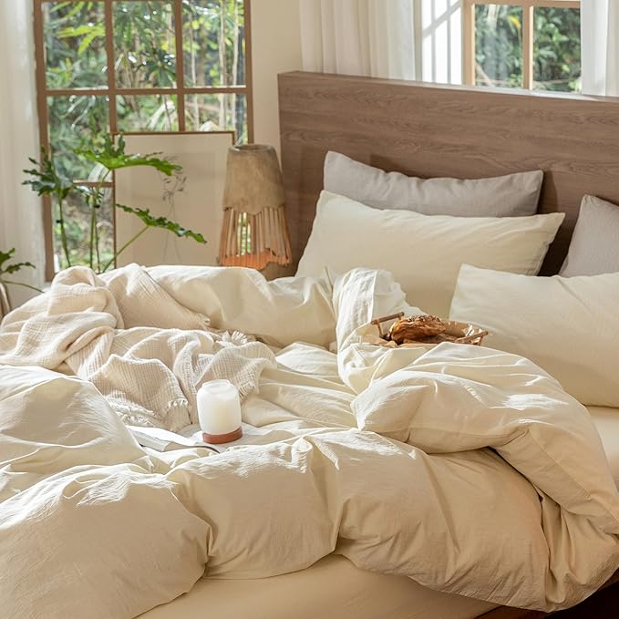 MooMee Wavy Striped Duvet Cover Set 100% Washed Cotton Linen Like Textured Breathable Durable Soft Comfy (Cream White, Twin 68"x90")