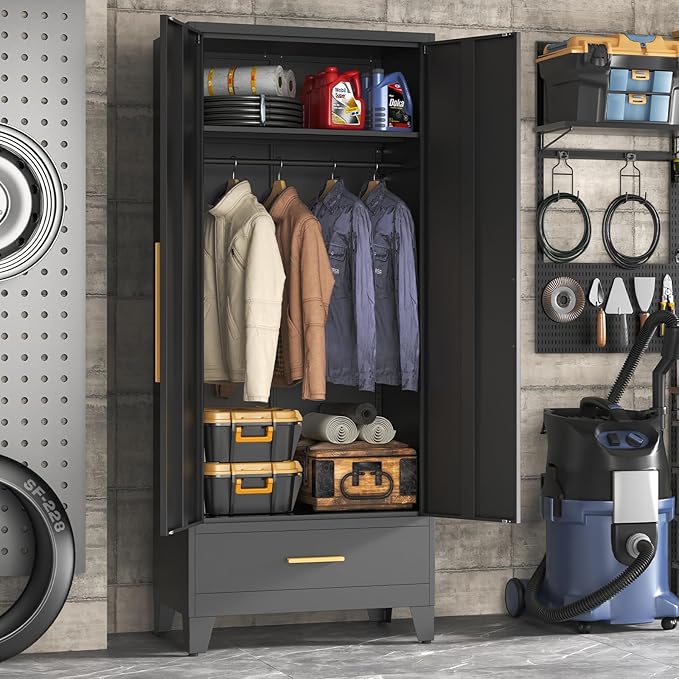 72" Tall Metal Wardrobe Closet - Large Clothing Storage Cabinet with 1 Hanging Rod, 1 Adjustable Shelve, 1 Drawer & Mirror Doors - Closet Organizer for Bedroom, Office, Laundry Room, Garage - Black