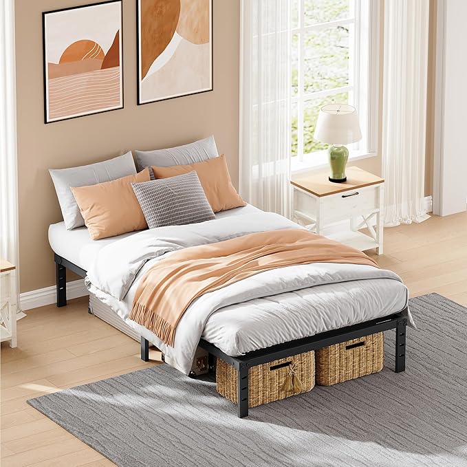 18 Inch Twin Size Metal Bed Frame, Heavy Duty Mattress Foundation with Storage Space, Sturdy Steel Slats, Easy Assembly, No Box Spring Needed, Black