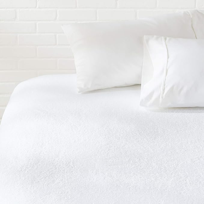 Amazon Basics Waterproof Breathable Mattress Protector, Queen Size, 18 inch Deep, Machine Washable, White