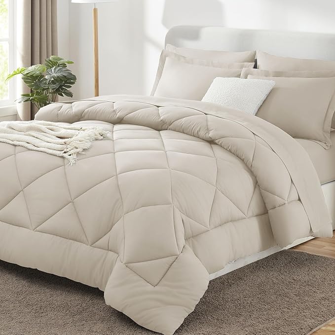 CozyLux Full Size Comforter Sets Beige - 7 Pieces Bed in a Bag Full, Luxury Soft Bed Set for All Seasons, Bedding Set with Down Alternative Comforter, Sheets, Pillowcases & Shams