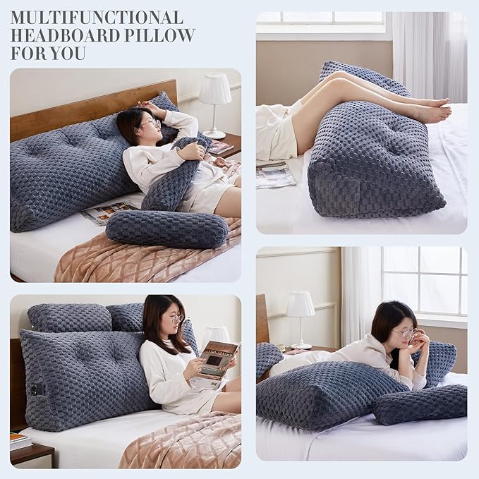 Wedge Headboard Pillow King- Bed Wedge Pillow for Headboard Triangular Headboard Pillow with Neck Roll Pillow-Large Bolster for Sitting in Bed Backrest Positioning Support (Grey,76x8x20 Inches)