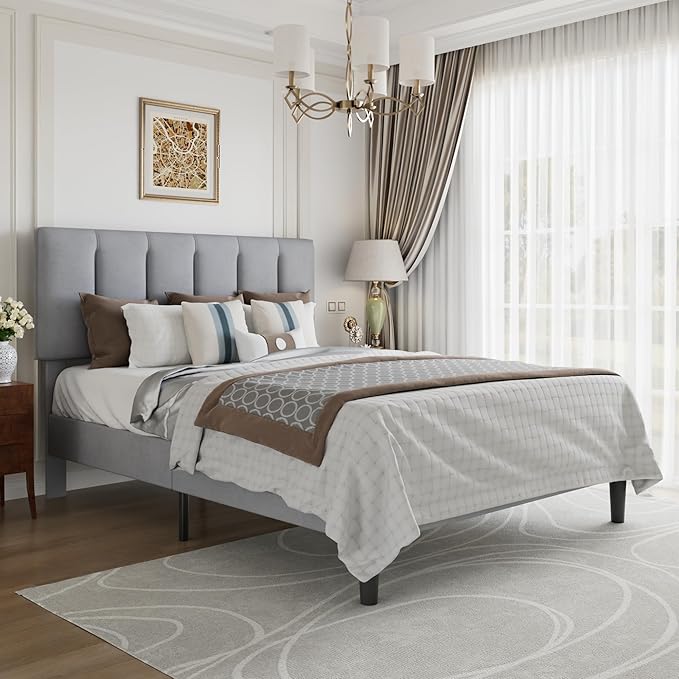 VECELO Full Size Bed Frame with Upholstered Headboard, Heavy-Duty Bedframe with Strong Wooden Slats Support, No Boxing Spring Needed, Light Grey