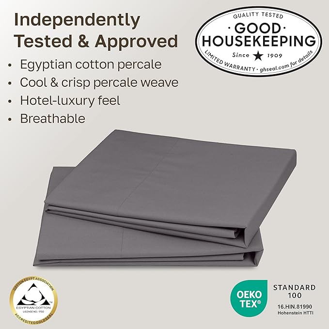 California Design Den 100% Egyptian Cotton King Pillow Cases Set of 2 - Crisp Percale Feel, Soft & Breathable King Pillowcases Cotton Set - Grey