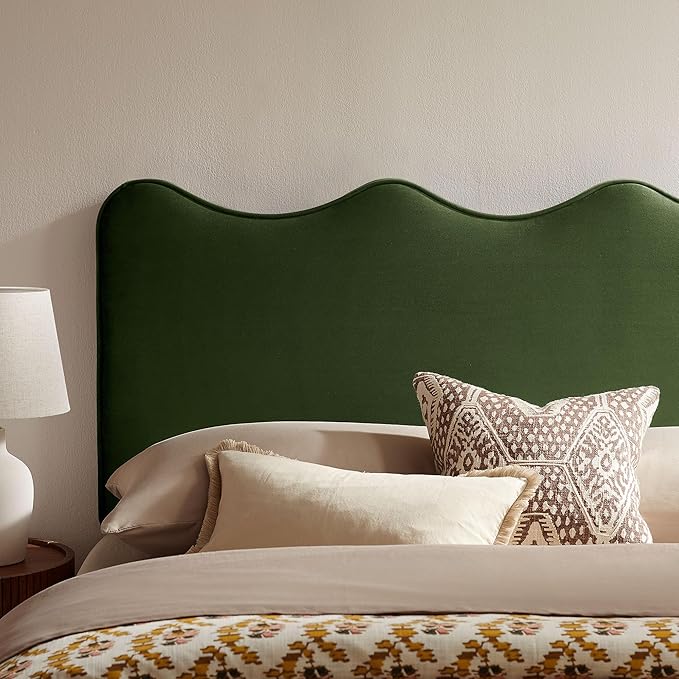 Monday Athena Full Size Performance Velvet Adjustable Headboard in Moss Green - with Scalloped Wave Design and Stain-Resistant Velvet Upholstery