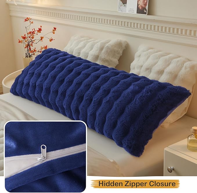 LIFEREVO Fluffy Faux Rabbit Fur Body Pillow Cover, Luxury Bubble Waffle Shaggy Plush Bed Pillowcase with Zipper Closure, Royal Long 20"x54" Fuzzy Furry Pillow Case for Adults Kids Girls, Navy Blue