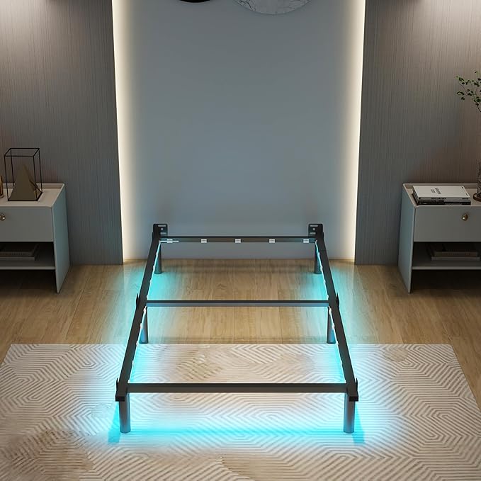 Adjustable Bed Frame with Smart LED Lights & Charging Station,Sturdy Metal Platform Bed Base for Box Spring & Mattress,Headboard Compatible,Length Extendable,Twin/Full/Queen/King Size (7 Inch, Twin)
