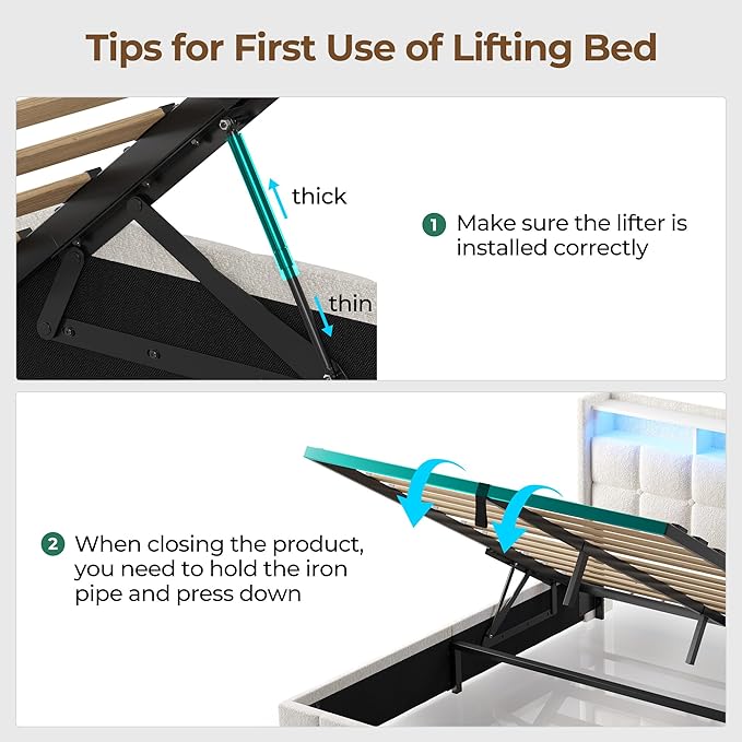 Rolanstar Bed Frame Full Size with Lift Up Storage, Charging Station & LED Lights, Upholstered Storage Headboard, Heavy Duty Wooden Slats, No Box Spring Needed, Noise Free, Easy Assembly, Beige
