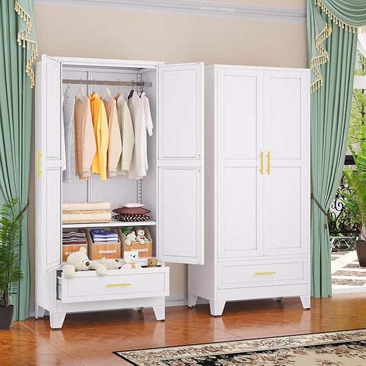 GAIOUS Steel Armoire Wardrobe Closet with 2 Doors, 71" Household Wardrobe Cabinet with Hanging Rod and Drawers, Metal Clothing Storage Cabinet with Adjustable Shelf for Bedroom, Cloak Room, Gym(White)