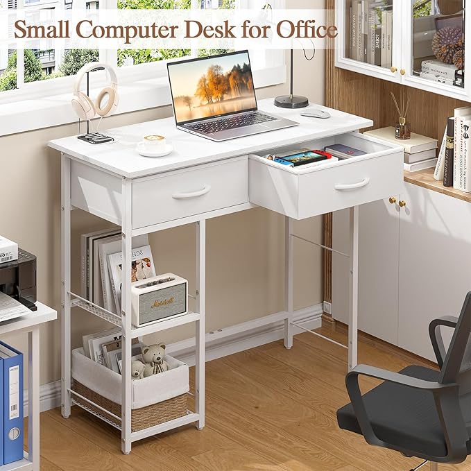 ThreeHio Small Writing Desk with 2 Drawers, White Computer Desk with Storage Shelf, Home Kids Study Table for Small Spaces, Simple Desk for Bedroom, Home Office, Living Room, Dorm, Vanity Desk, White