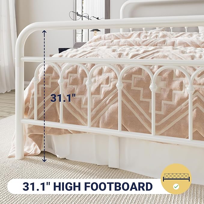Allewie 14 Inches Full Size Metal Platform Bed Frame with Victorian Style Curved Iron-Art Headboard/Footboard, Easy Assembly, Under Bed Storage, No Box Spring Required, Cream White